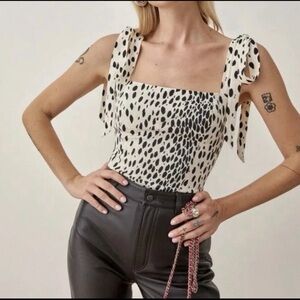 Reformation Ellora Tank Top Black & White Size 2 Leopard Shoulder Tie